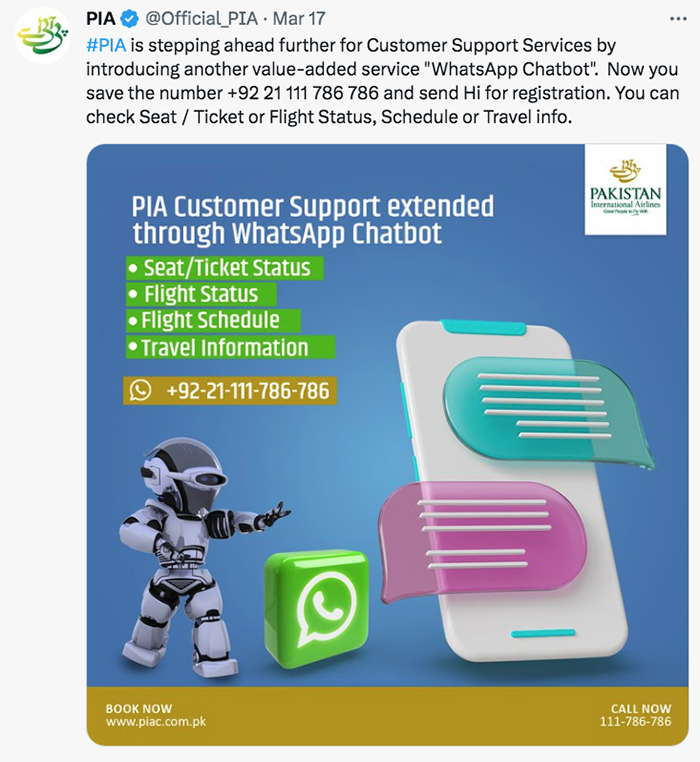 PIA introduces WhatsApp chatbot for ticket and seat confirmation