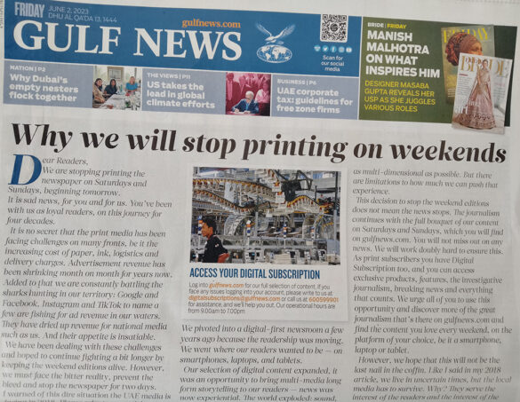 Gulf news stops printing on weekends